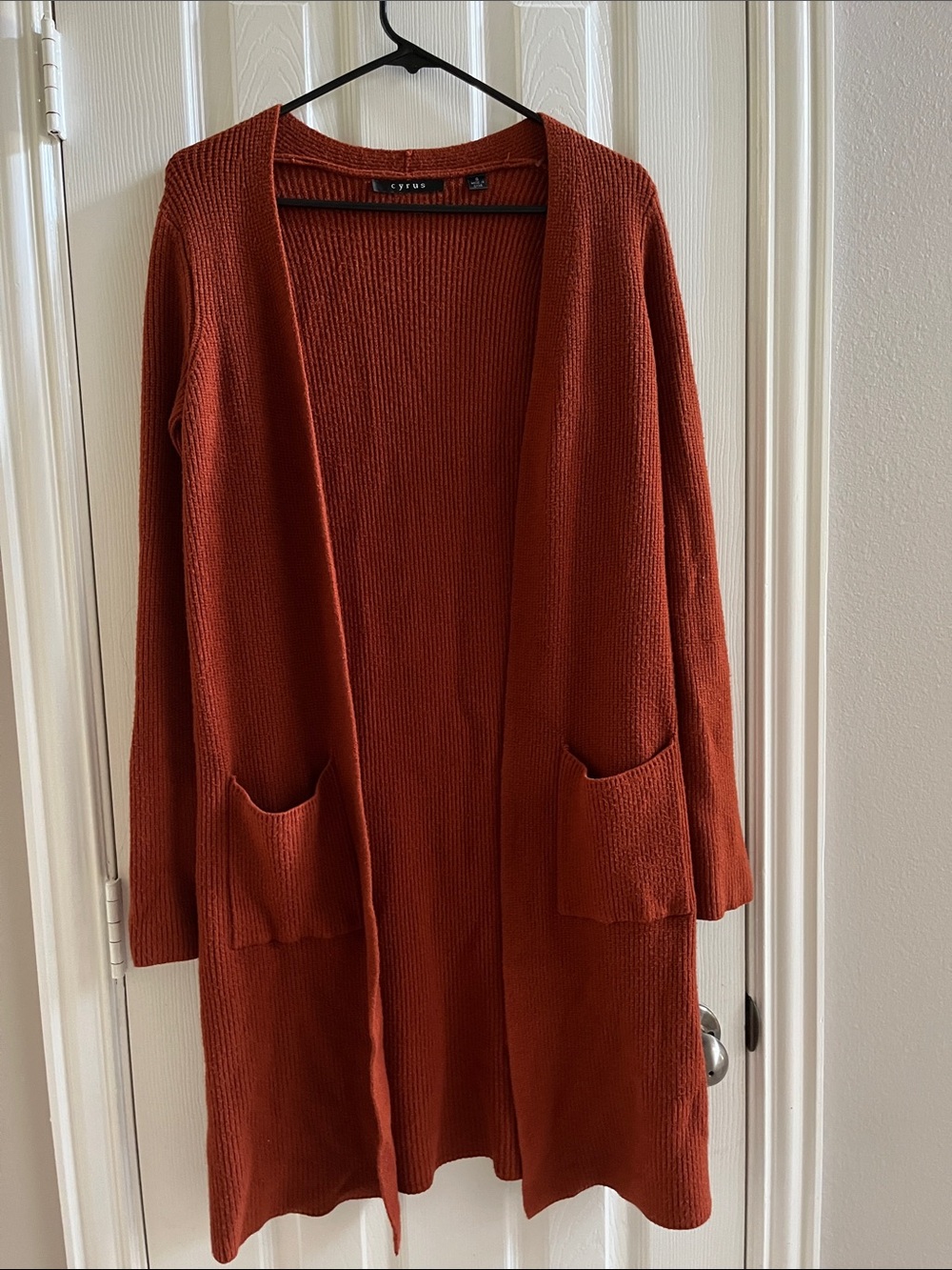 Cyrus Open-Front Pocket Cardigan in Rust Brown